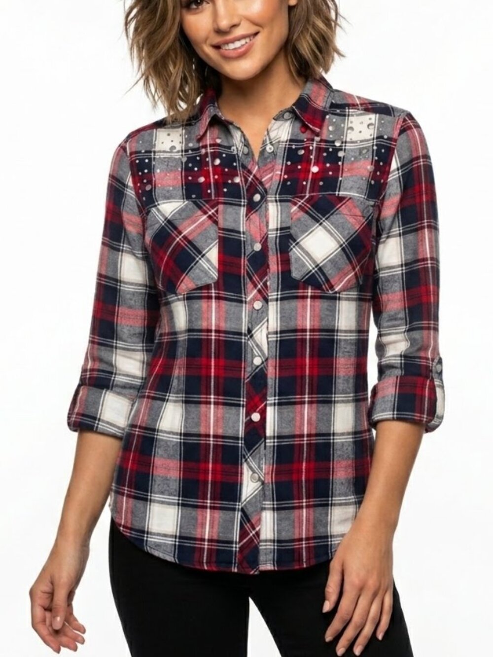 BAJEE COLLECTION Grunge Embellished Plaid Studded Roll Tab Flannel Shirt Sz S